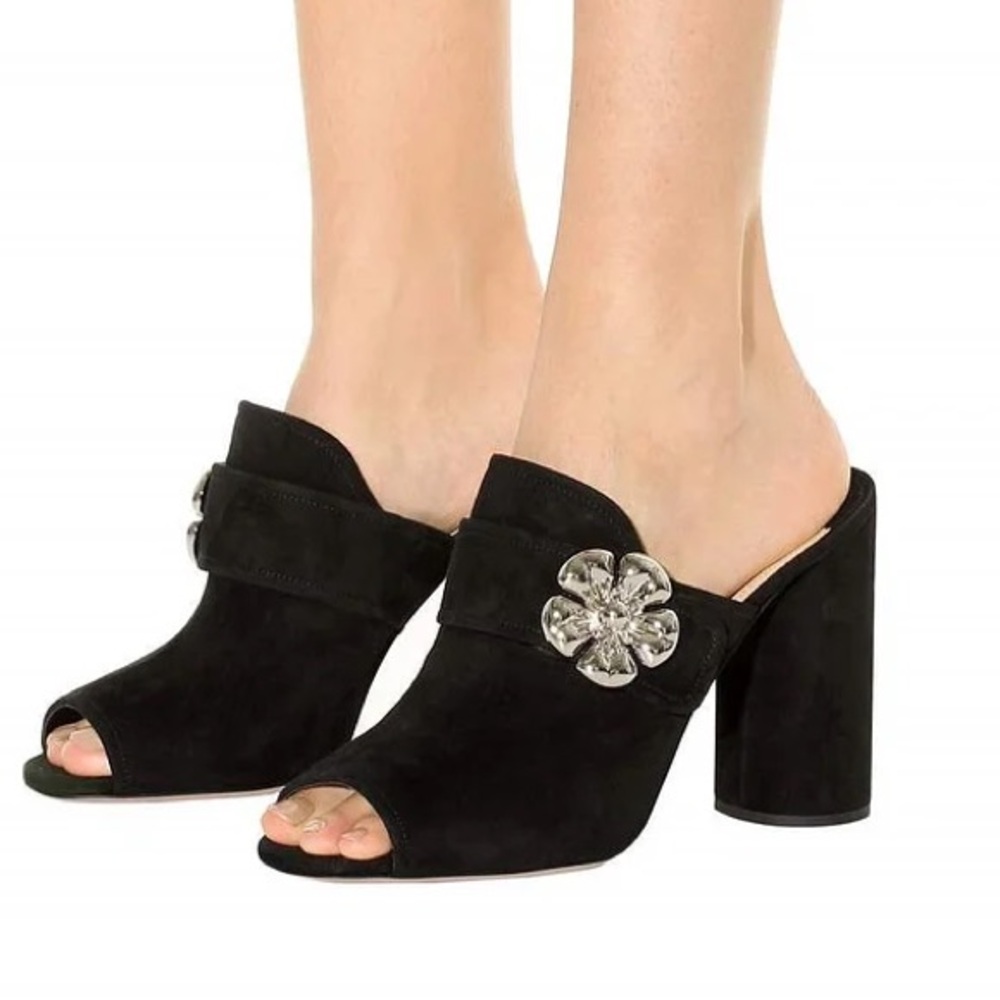 Prada | Silver Flower Peep Toe Mule Slip-on Chunky Round Heel Black Suede |sz 41